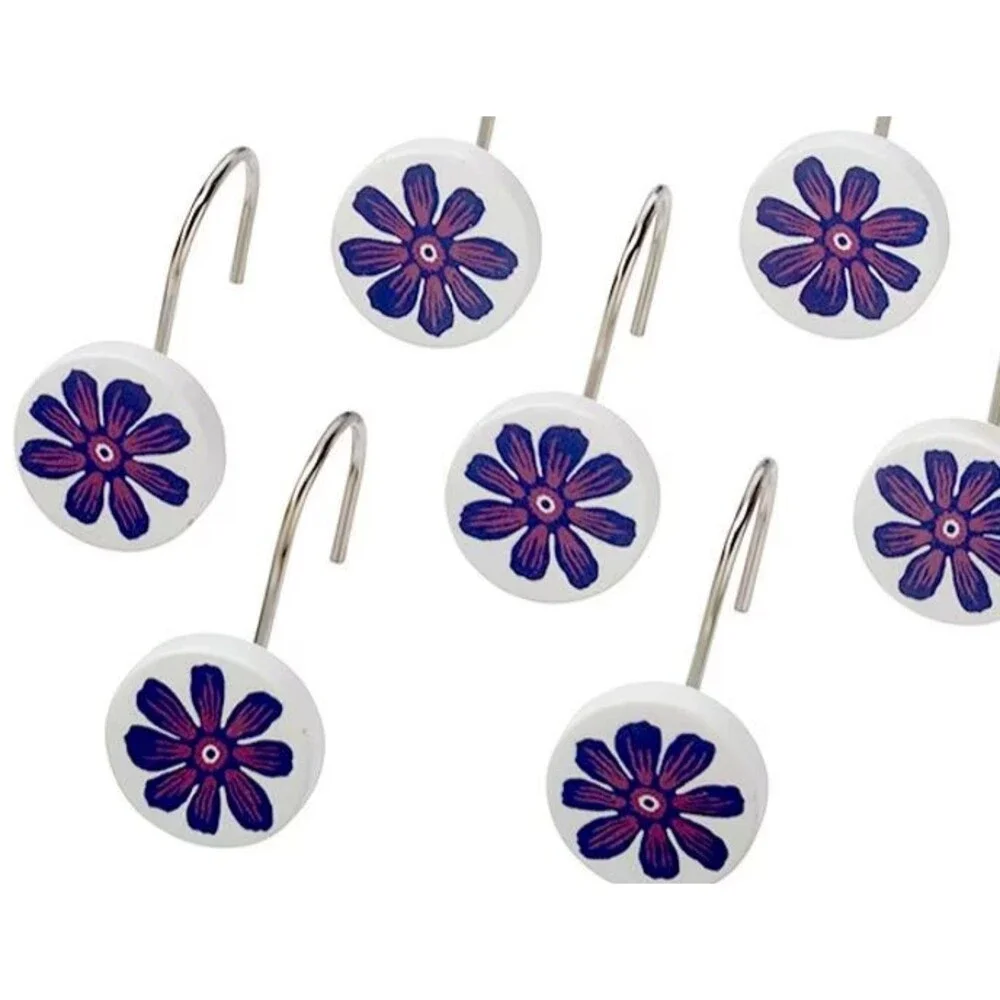 Retro Vibe Blue Floral Shower Curtain Hooks 12pc Ceramic Metal Bathroom Gift NEW